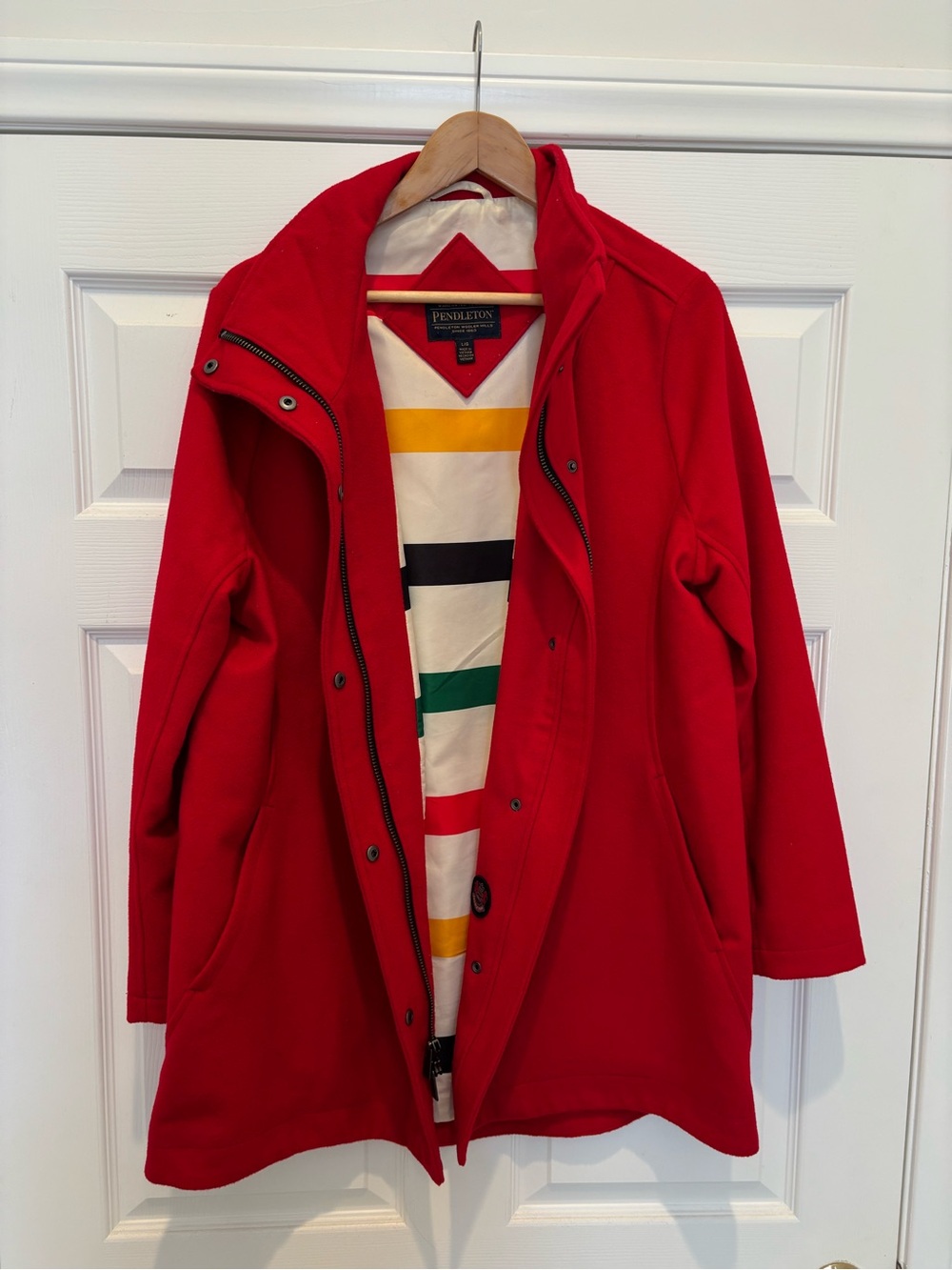 Pendleton Red Wool Blend Funnel Neck Coat Glacier National Park Stripe L